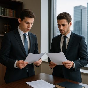 Two young lawyers with documents in a modern office.