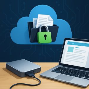 Realistic digital illustration of cloud storage with secure data icons and file encryption graphics