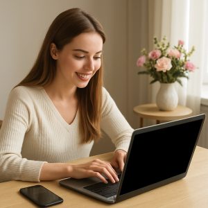 Blogger working on digital content protection with laptop and smartphone in 2025