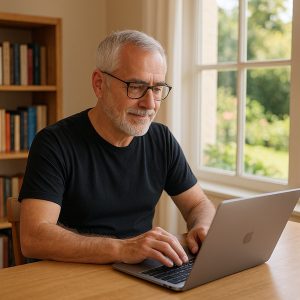 Mature blogger with gray hair working on laptop and securing digital content in WordPress
