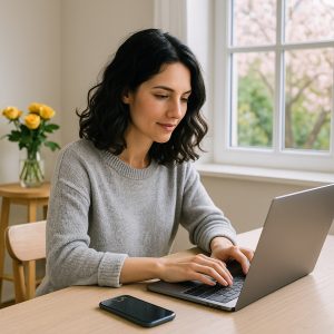 Young woman with black wavy hair working from home on her laptop, phone beside her.