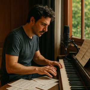music producer, composing at his piano with microphone and scattered sheet music, in his studio with a garden view.