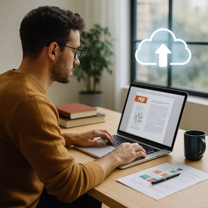 Man working on eBook and PDF design with cloud storage to protect his creative work
