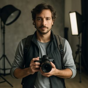 Professional photographer working with camera and tripod in a bright studio.