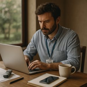 Bearded journalist in his mid-30s working on a laptop with notebook, recorder, phone, and coffee on the desk, wearing a press badge.