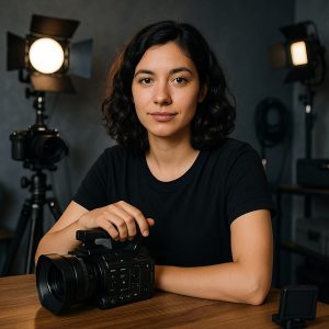 Young videographer in her studio with professional camera, secure cloud storage for videographers.