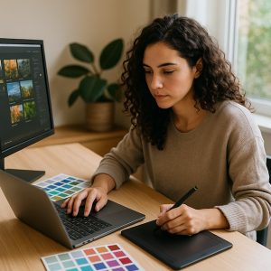 Young graphic designer working on her laptop