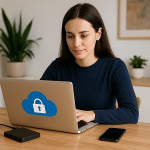 Young woman working on a laptop in a modern office, using secure cloud storage for freelancers.